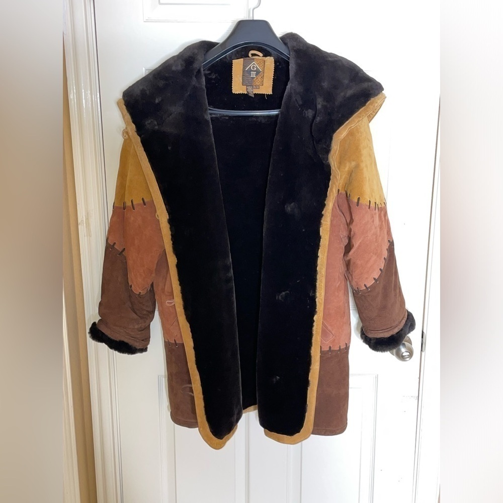 Women's Vintage Heavy G3 Suede Leather Coat with Black Faux Fur Collar Medium - Picture 5 of 13